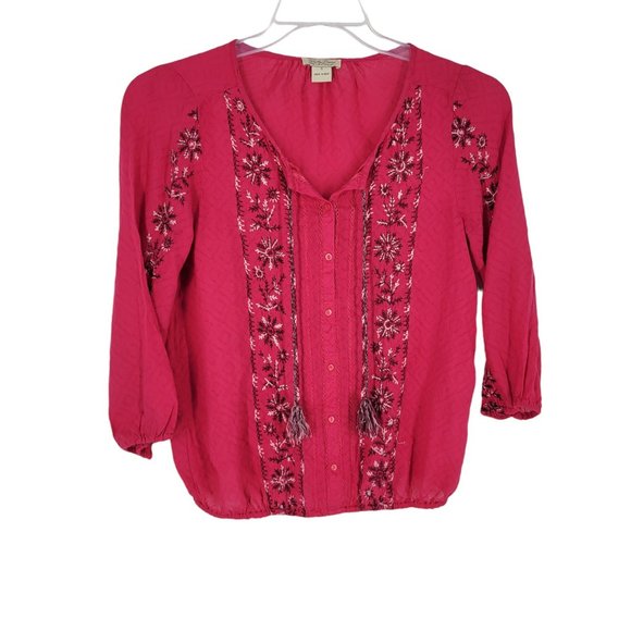 LUCKY BRAND Small 3/4 Sleeve BOHO Tassel Pink Embroidered Blouse - Picture 1 of 4
